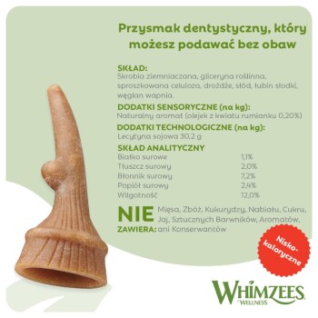 Gryzak dentystyczny Whimzees w kształcie szczoteczki do zębów z polskim napisem 'NIE ZAWIERA' i czerwonym oznaczeniem 'Nisko-kaloryczne'