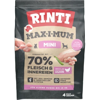 Rinti Max-I-Mum Mini Hundefutterbeutel, mit 70% Fleisch und Innereien, frischem Hähnchen, 30% Gemüse, getreidefreies Rezept, 4 kg.