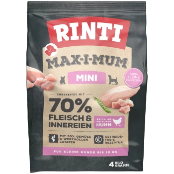 Rinti Max-I-Mum Mini Hundefutterbeutel, mit 70% Fleisch und Innereien, frischem Hähnchen, 30% Gemüse, getreidefreies Rezept, 4 kg.