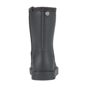 Schwarze Haustierstiefel mit einer strukturierten Oberfläche und einem dekorativen Knopf, von hinten gezeigt.