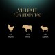 Das Bild zeigt Silhouetten eines Huhns, einer Kuh und eines Lamms, mit dem Text "VIELFALT FÜR JEDEN TAG" und den Etiketten "mit Huhn", "mit Rind" und "mit Lamm."
