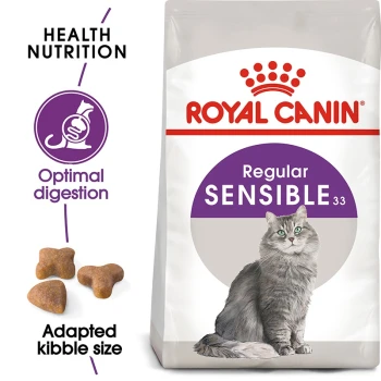 Royal Canin Regular Sensible 33 cat food bag with a gray cat illustration and text on health nutrition, digestion, and kibble size.
