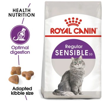 Royal Canin Regular Sensible 33 cat food bag with a gray cat illustration and text on health nutrition, digestion, and kibble size.