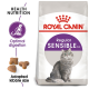 Royal Canin Regular Sensible 33 cat food bag with a gray cat illustration and text on health nutrition, digestion, and kibble size.