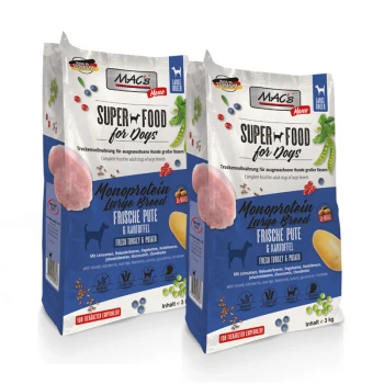Dog Mono Adult Trockenfutter Large Breed frische Pute 2x3 kg Zwei Säcke MAC's Mono Super Food für Hunde, beschriftet mit "Monoprotein Large Breed", mit frischem Truthahn und Kartoffel, jeweils 3 kg.