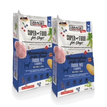 Zwei Säcke MAC's Mono Super Food für Hunde, beschriftet mit "Monoprotein Large Breed", mit frischem Truthahn und Kartoffel, jeweils 3 kg.