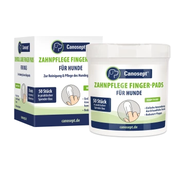 Canosept Zahn-Pflege-Finger-Pads für Hunde — weiße Dose und Schachtel mit der Aufschrift „ZAHNPFLEGE FINGER-PADS FÜR HUNDE“, „50 Stück“