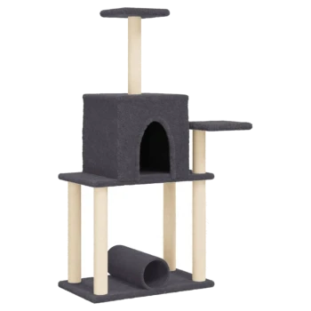 Grauer Katzenbaum mit mehreren Ebenen, einem gemütlichen Versteck und einem Tunnel zum Spielen. Ideal zum Klettern und Ausruhen.