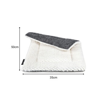 Kleine rechteckige Haustiermatte mit weißer Plüschinnenseite und dunkelgrauer Stoffklappe, Maße 35 cm und 50 cm angezeigt.