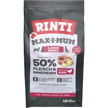 Sac de nourriture pour chiens étiqueté 'Rinti Maxi-Mum Large Breed,' contenant 50% de viande et d'abats, avec du poulet frais, et 50% de légumes.