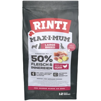 Hundefutterbeutel mit der Aufschrift 'Rinti Maxi-Mum Large Breed', ausgestattet mit 50% Fleisch und Innereien, frischem Huhn und 50% Gemüse.