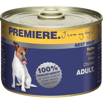 Blik hondenvoer gelabeld "Premiere" met een afbeelding van een hond, met tekst die "100% Vers Vlees" en "Best Vlees" in meerdere talen vermeldt.