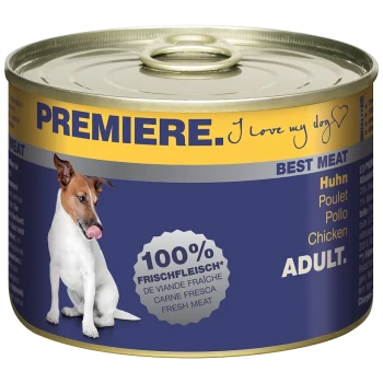 Blik hondenvoer gelabeld "Premiere" met een afbeelding van een hond, met tekst die "100% Vers Vlees" en "Best Vlees" in meerdere talen vermeldt.