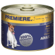 Canned dog food labeled "Premiere" with a picture of a dog, featuring text stating "100% Fresh Meat" and "Best Meat" in multiple languages.