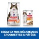 Sacs de nourriture pour chat Hill's Science Plan Perfect Digestion avec un chat se léchant les lèvres, avec un texte promouvant "Essayez nos délicieuses croquettes et pâtés."