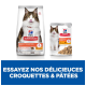 Sacs de nourriture pour chat Hill's Science Plan Perfect Digestion avec un chat se léchant les lèvres, avec un texte promouvant "Essayez nos délicieuses croquettes et pâtés."