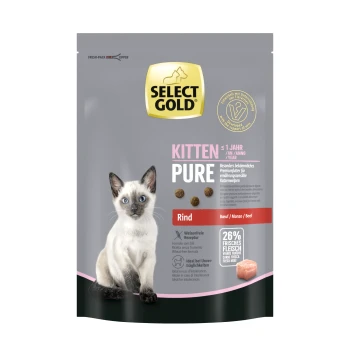 Emballage de nourriture pour chats Select Gold Kitten Pure présentant un chaton blanc aux yeux bleus, étiqueté 'Rind' (bœuf) et mettant en avant 26 % de viande fraîche.