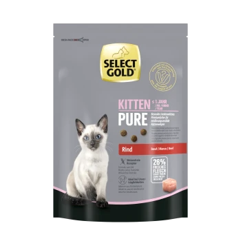 Select Gold Kitten Pure Katzenfutterverpackung mit einem weißen Kätzchen mit blauen Augen, beschriftet mit 'Rind' und hebt 26% frisches Fleisch hervor.