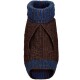 Brauner gestrickter Hundepullover mit einem blauen gestreiften Kragen und Bündchen, mit Öffnungen für die Vorderbeine.