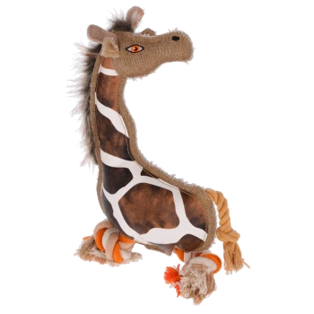 Plüsch-Hundespielzeug in Giraffenform mit Stoffkörper, Kunstfellmähne und geknoteten Seilbeinen in Orange, Weiß und Beige.