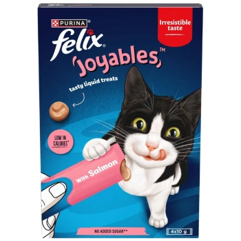 Purina Felix 'Joyables' cat treat packaging with a playful cat, highlighting "With Salmon," "Low in Calories," and "No Added Sugar."