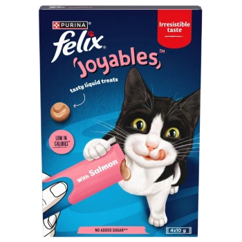 Purina Felix 'Joyables' cat treat packaging with a playful cat, highlighting "With Salmon," "Low in Calories," and "No Added Sugar."