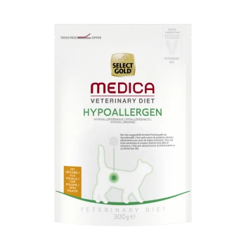 Emballage de nourriture pour chats hypoallergénique Select Gold Medica Veterinary Diet, 300g, avec une silhouette de chat et du texte en plusieurs langues.