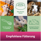 Kleintier-Collage (Hamster, Meerschweinchen, Kaninchen). Deutscher Text: 'Empfohlene Fütterung'; 'Stets frisches Wasser'; '2–3 Esslöffel.'