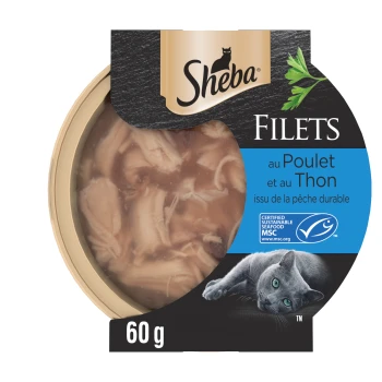 Nourriture pour chat Sheba Filets au poulet et thon, 60g, certifiée MSC fruits de mer durables, avec image de chat gris.