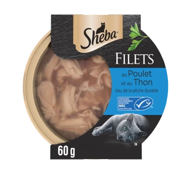 Nourriture pour chat Sheba Filets au poulet et thon, 60g, certifiée MSC fruits de mer durables, avec image de chat gris.