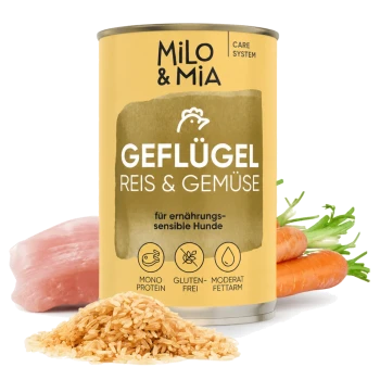 Dosen-Hundefutter mit der Aufschrift "Milo & Mia", das Huhn, Vollkornreis und Gemüse enthält. Behauptet, die Immunität, Verdauung und Haut & Fell zu unterstützen.