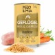 Dosen-Hundefutter mit der Aufschrift "Milo & Mia", das Huhn, Vollkornreis und Gemüse enthält. Behauptet, die Immunität, Verdauung und Haut & Fell zu unterstützen.