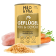 Dosen-Hundefutter mit der Aufschrift "Milo & Mia", das Huhn, Vollkornreis und Gemüse enthält. Behauptet, die Immunität, Verdauung und Haut & Fell zu unterstützen.
