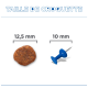 En-tête « TAILLE DE CROQUETTE » ; croquette brune « 12,5 mm » à gauche et punaise bleue « 10 mm » à droite pour comparaison de taille