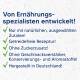 Text, der für Haustierfutter wirbt, das von Ernährungsspezialisten entwickelt wurde, mit dem Schwerpunkt auf natürlichen Zutaten, getreidefreier Rezeptur, ohne zugesetzten Zucker und hergestellt in Deutschland.