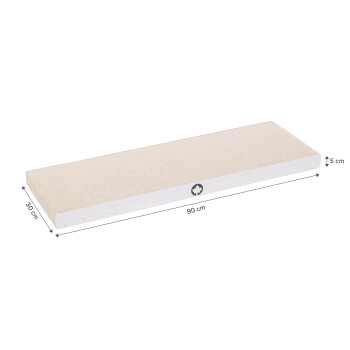 Ein rechteckiges Katzenkratzbrett mit einer beigen Oberfläche, 90 cm lang, 30 cm breit und 5 cm hoch.