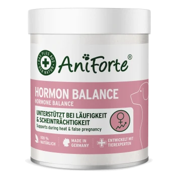 Behälter von AniForte Hormone Balance für Haustiere, rosa Etikett, unterstützt während der Hitze und Scheinträchtigkeit, 100% natürlich, hergestellt in Deutschland.