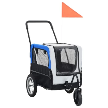 Haustierwagen mit einem blauen und schwarzen Design, mit Netzfenstern, einem Griff und einer orangefarbenen Sicherheitsflagge oben.
