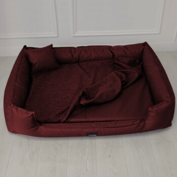 Ein grauer Weimaraner-Hund liegt auf einem braunen Haustierbett in einem modernen Wohnzimmer mit einem dunkelbraunen Sofa im Hintergrund.