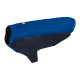 Eine blaue und marinefarbene Hundejacke mit einem gesteppten Design und einem Reißverschluss, mit einem kleinen Logo-Patch auf der Oberseite.