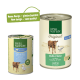 Zwei Real Nature Haustierfutterprodukte: eine Dose mit der Aufschrift "Original Katze & Huhn" und eine Dose mit der Aufschrift "Junior Katze & Huhn," beide mit neuen Designs.