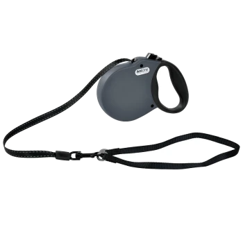 A retractable dog leash in gray with a comfortable grip handle and a black nylon strap, featuring a sturdy clip for attachment.