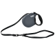 A retractable dog leash in gray with a comfortable grip handle and a black nylon strap, featuring a sturdy clip for attachment.
