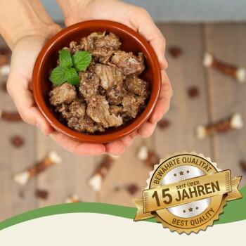 Eine Person hält eine Schüssel mit Haustierfutter, die Stücke von Fleisch und ein Minzblatt oben hat, mit einem Aufkleber, der "Beste Qualität - 15 Jahre" liest.