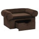 Braunes Haustiersofa mit abgerundeten Armlehnen und einer herausziehbaren Schublade zur Aufbewahrung. Weiche Stoffpolsterung für Komfort.