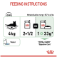 Feeding instructions: cat 4kg — 2+1/2 bags or 1+33g; 847 kcal/kg; water; Royal Canin