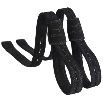 Schwarze Reitsteigbügelriemen mit Wildleder-Oberfläche, mit dem Logo 'EQUINATE', das auf den Riemen geprägt ist.