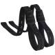 Schwarze Reitsteigbügelriemen mit Wildleder-Oberfläche, mit dem Logo 'EQUINATE', das auf den Riemen geprägt ist.
