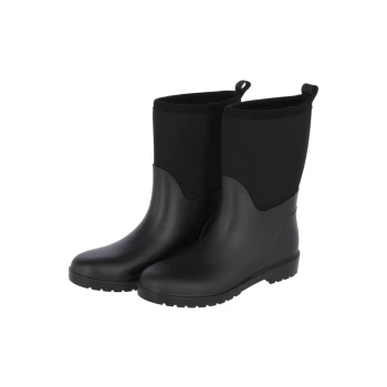 Schwarze Gummiregenstiefel mit glatter Oberfläche und einem weichen, dehnbaren Schaft, entworfen für Komfort und Langlebigkeit.