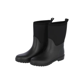 Schwarze Gummiregenstiefel mit glatter Oberfläche und einem weichen, dehnbaren Schaft, entworfen für Komfort und Langlebigkeit.